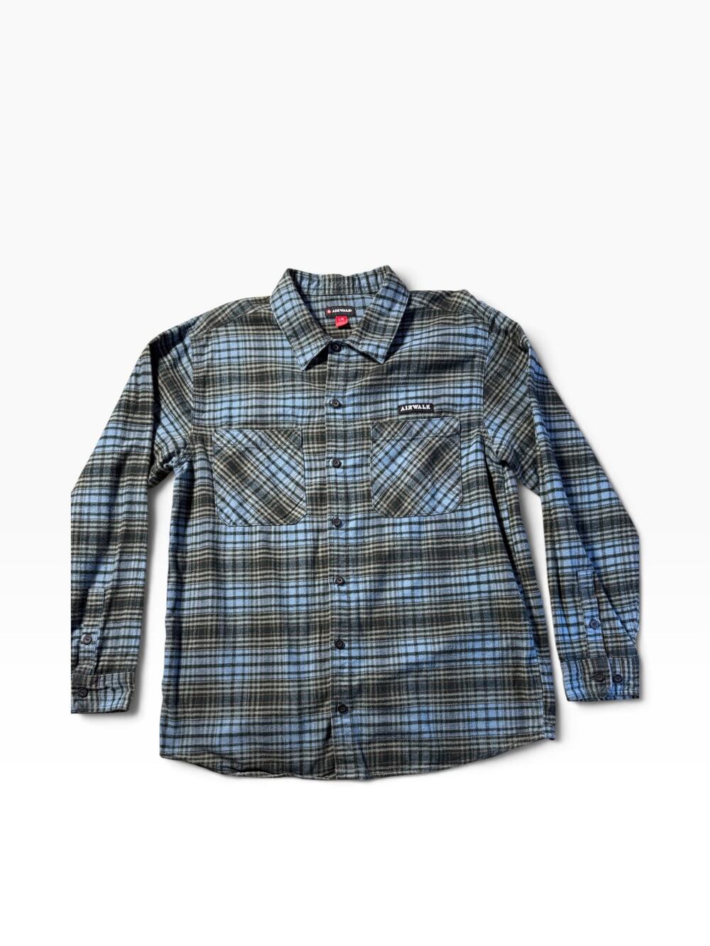 Airwalk Men’s Large Plaid Flannel Shirt Blue Gray Black Long Sleeve 100% Cotton